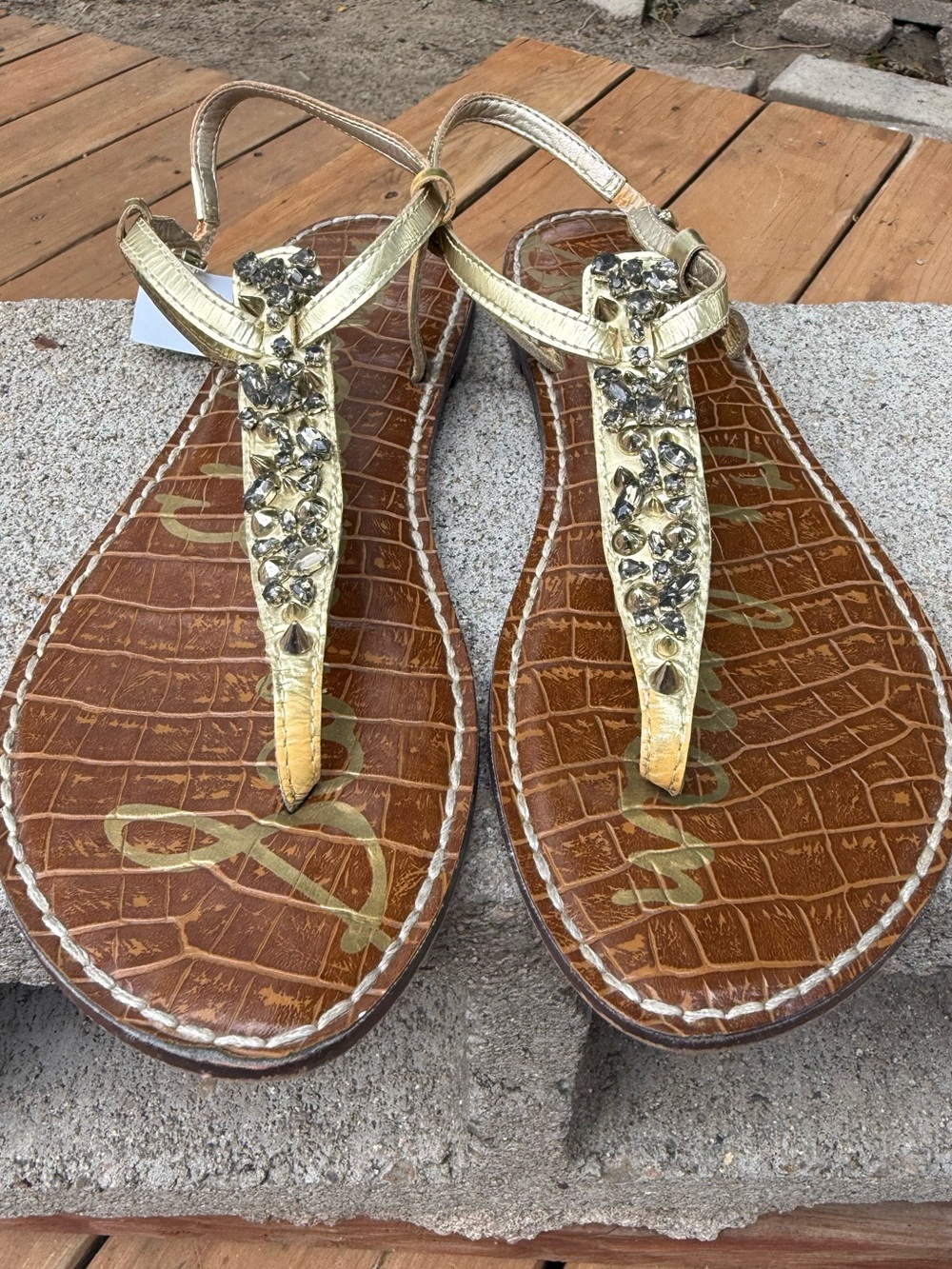 Sam Edelman Gold Jeweled T-Strap Leather Sandals - Picture 1 of 5